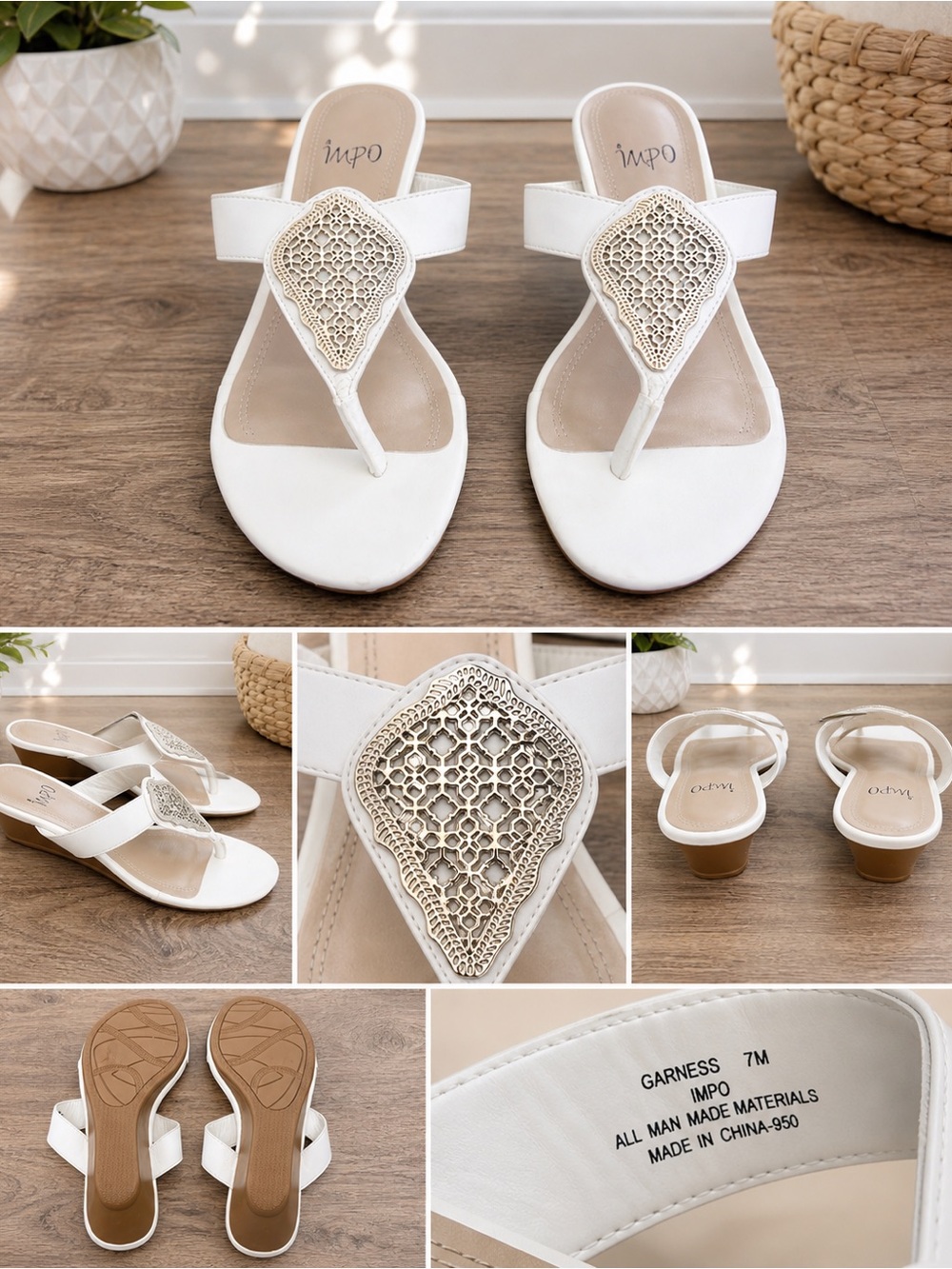 Impo White Thong Sandals with Decorative Lattice Medallion Ladies Size 7.5